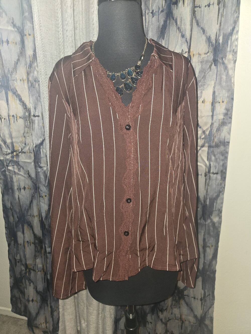 Women's Brown Striped Lace-Trim Button Front Top